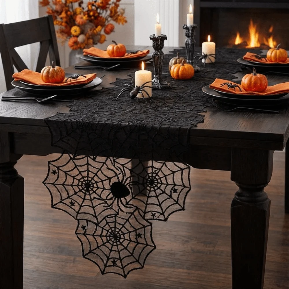 Dark Style Halloween Spider Curtain Translucent Soft Halloween Tablecloth Hand Washable Spider Web Table Runner Window Decor