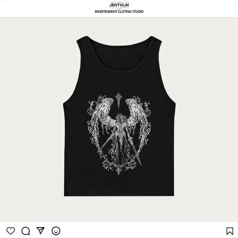 빈티지 여성 고딕 프린트 탱크탑 슬림 그런지 크롭탑 레트로 Y2K 탑 스트릿웨어 그래픽 탱크 & 캐미솔 탑 에모 걸스 코르셋