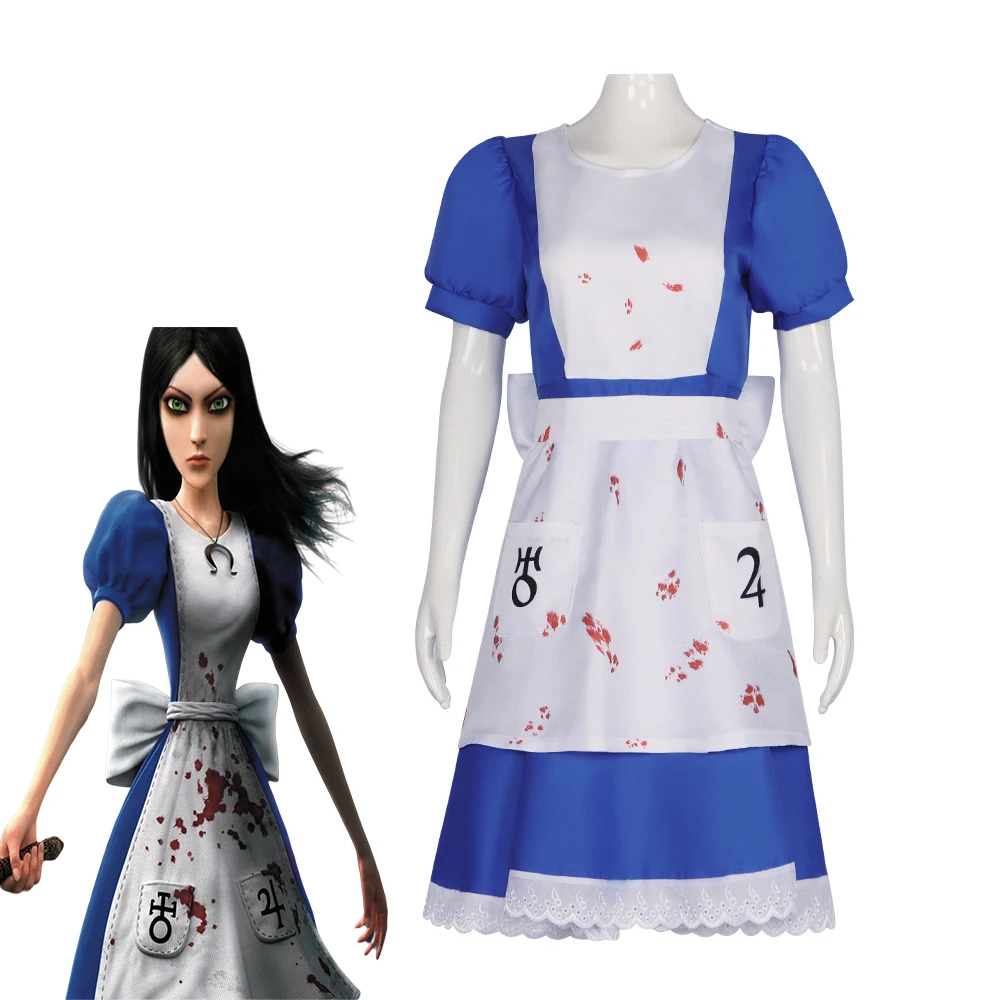 Madness Returns Horror Game Alice Cosplay Costume Women Halloween Carnival Party Blue Maid Dress with Stockings Uniform Suits