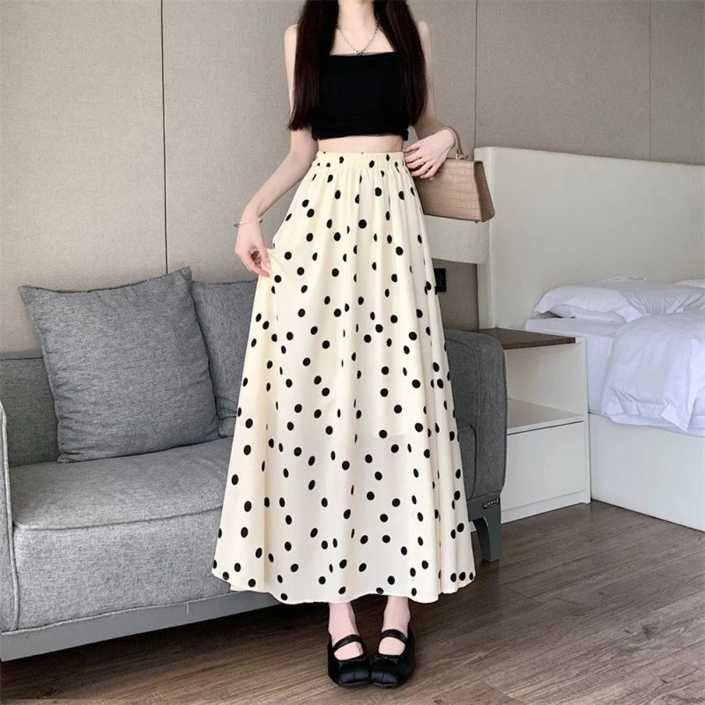 Elegant Elastic Waist Polka Dot Skirt Slim Fit Splicing Design A-Line Skirt Pleated Summer Half-length Dress Vacation