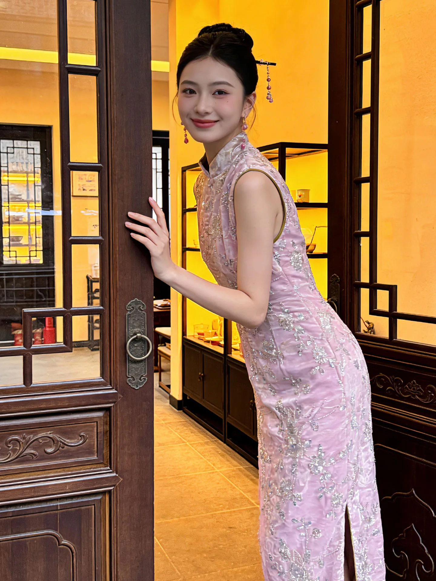 

New Chinese Sle Long Evening Gown Women's Young Improved Stand Collar Dr Heavy Embroidery Gold Plated Pink Beads