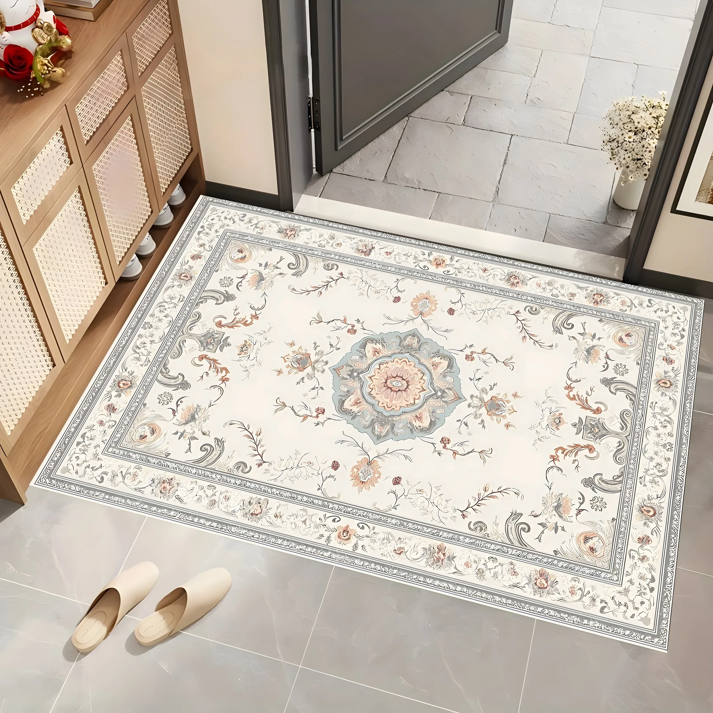 2D Large Rug, European Retro Symmetrical Floral Pattern, Light Luxury French Style, Suitable for Living Room and Bedroom, One-Click to Refresh Autumn and Winter Decoration