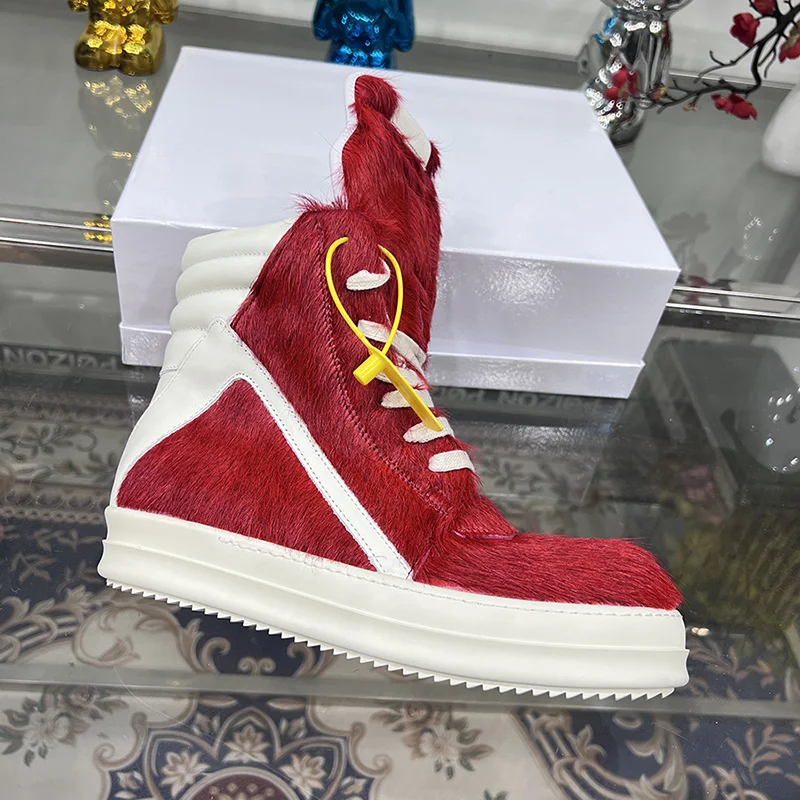 Cabelo de cavalo vermelho escuro de alta qualidade sapatos casuais homens ro johns couro genuíno tênis luxo geobasket botas de tornozelo feminino