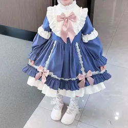 2024 Elegant Fashion Harajuku Slim Fit Children Clothes Loose Casual All Match Princess Dress Solid O Neck Long Sleeve Dresses