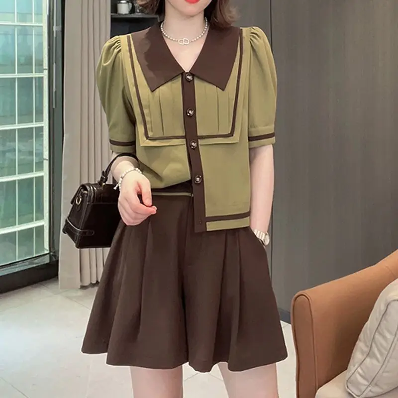 

Woman Shorts Office Doll Collar Short Sets For Women 2 Pieces Novelties Korean Style Promotion Stylish Top And Bottom Classic