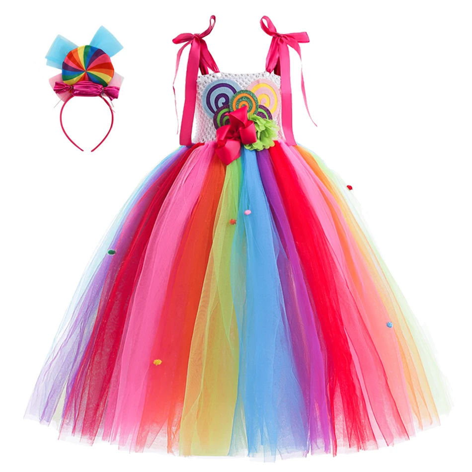 Candy Rainbow Mesh Princess Costume Set Lollipop Tutu Dress Girls Halloween Dresses for Carnival Party