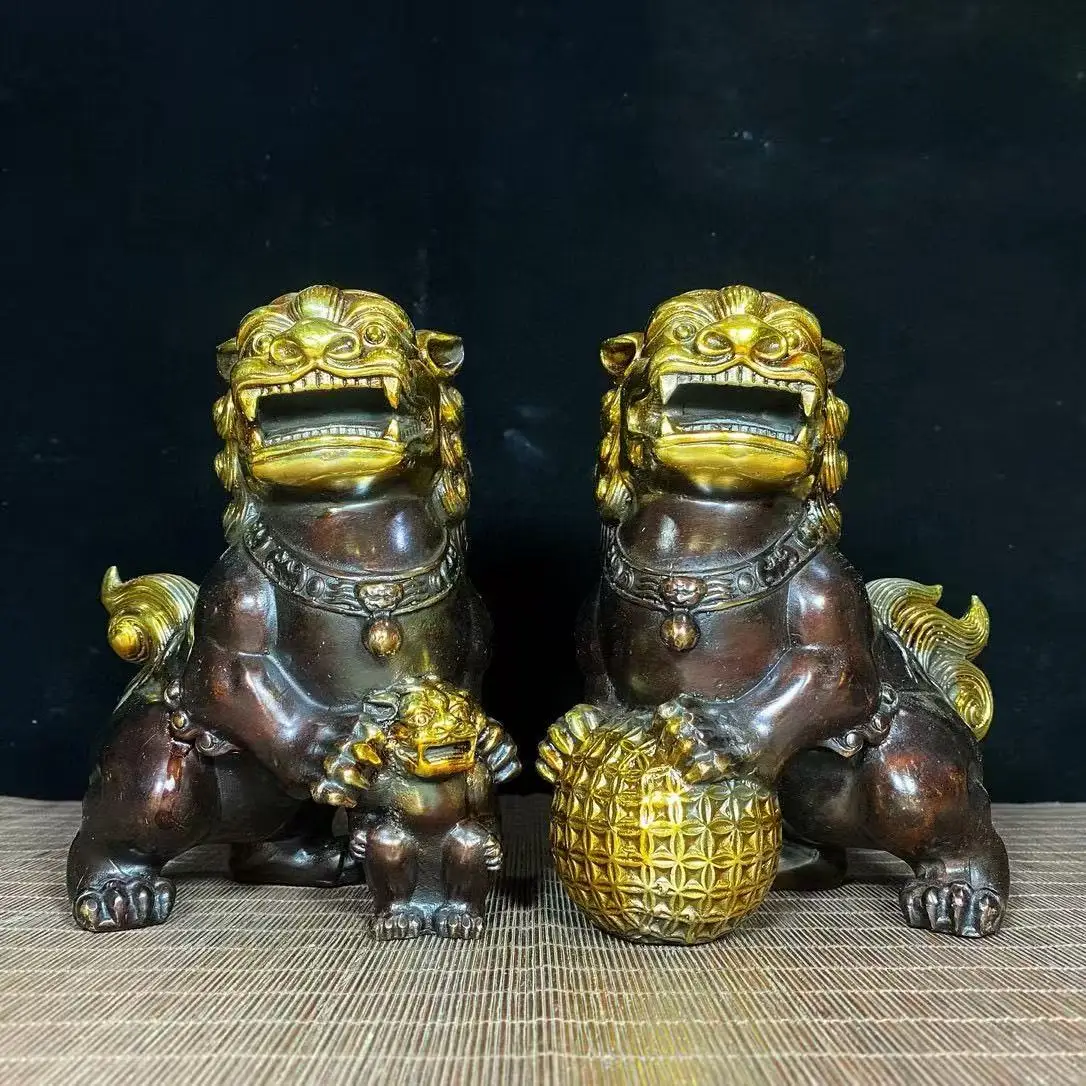 Chinese Bronze Guardian Foo Fu Dog Phylactery Door Lion Ball Kid Pair Statue,#02