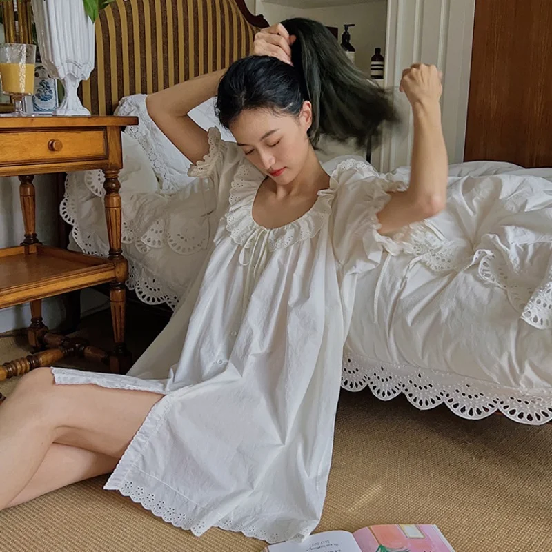 

Summer Loose Lace Nightdress Cute Pure Cotton Sweet Princess Sleepwear Women Short Sleeve Romantic Nightgown White Nightwear