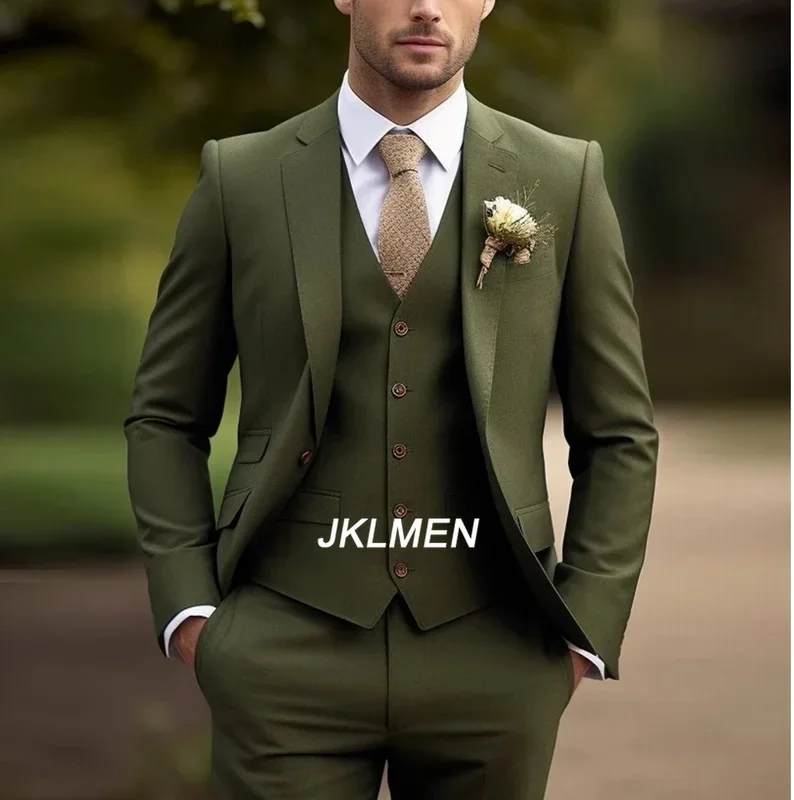 

3 Piece Army Green Business Suit Men Tuxedos Groom Groomsman Prom Wedding Party Formal Set Jacket Vest Pants