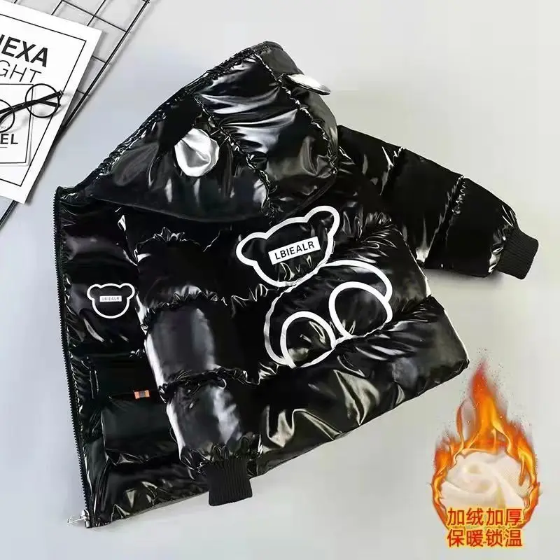 Winter New Boys Girls Thick Jacket Cartoon Bear Glossy Antifouling Lining Plus Velvet Keep Warm Hooded Snowsuit For 2-6 Years