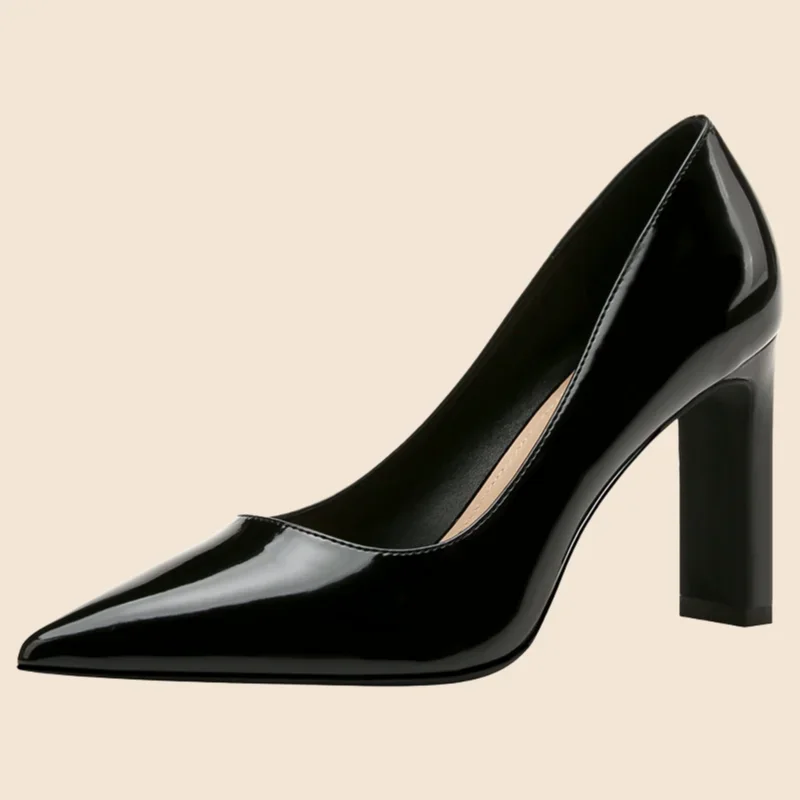 Fashion Female Work Shoes Thick Heels Pointed Toe Solid Color Patent Leather Slip-On Plus Size Comfort Height Increasing Black