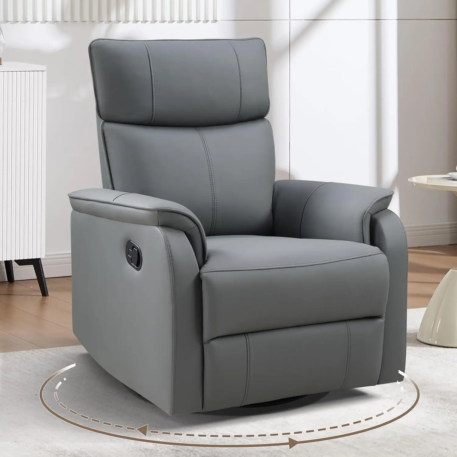 Manual Faux Leather Swivel Rocker Recliner Chair, 360° Glider Padded Backrest Nursery Living Room Sofa, Grey, Customized