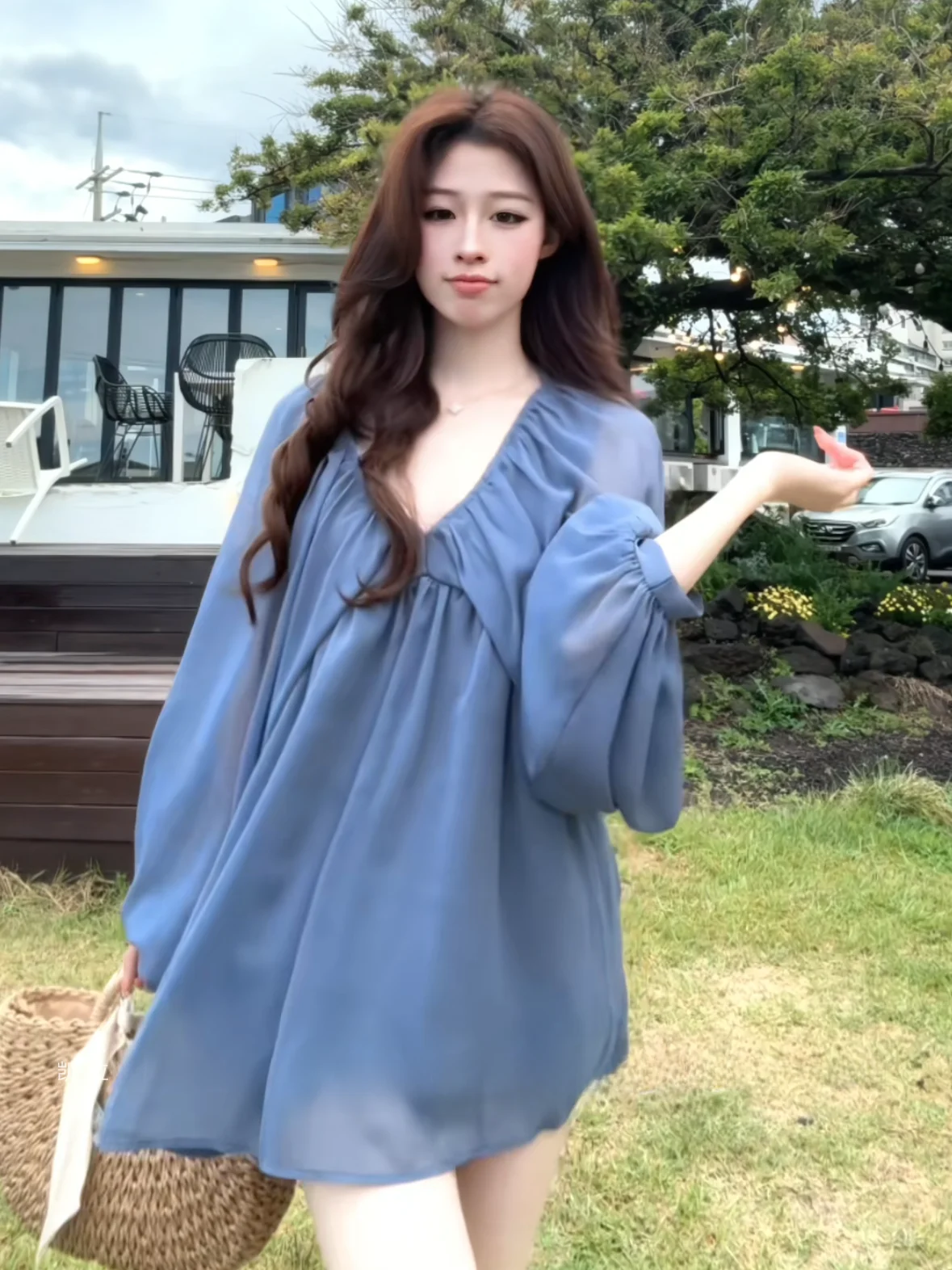 

Blue Long Sleeve Women's Chiffon Shirt V-Neck Pleated Casual Style Loose Fit Sun Protection Top for Holiday Relaxing Style