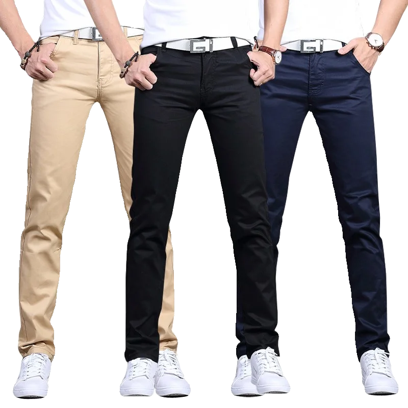 

Khaki Casual Cotton Chino Pants Men Straight Fit Leisure Trousers Youthful Spring Autumn Color Polyester Fiber