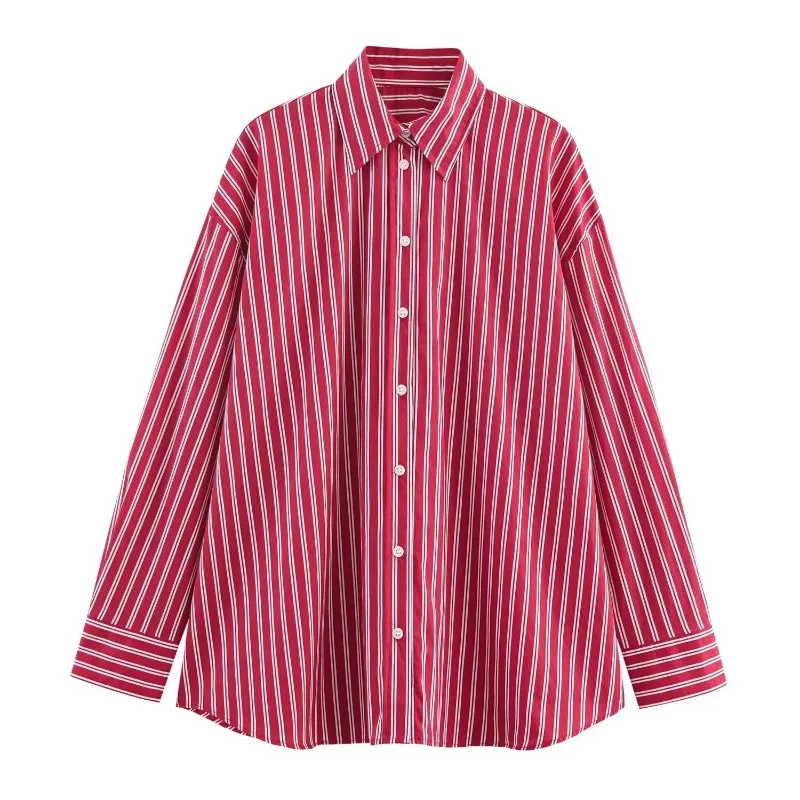 

2025 Loose Shirt Autumn New Product Women's Casual Fashion Simple and Versatile Collar Long Sleeve Striped Commuter