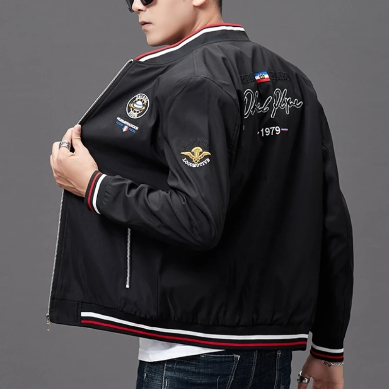 2023 Spring and Autumn Men's New Stand Up Collar Spliced Zipper Pocket Fashion Long Sleeved Jacket Embroidered Minimalist Coat