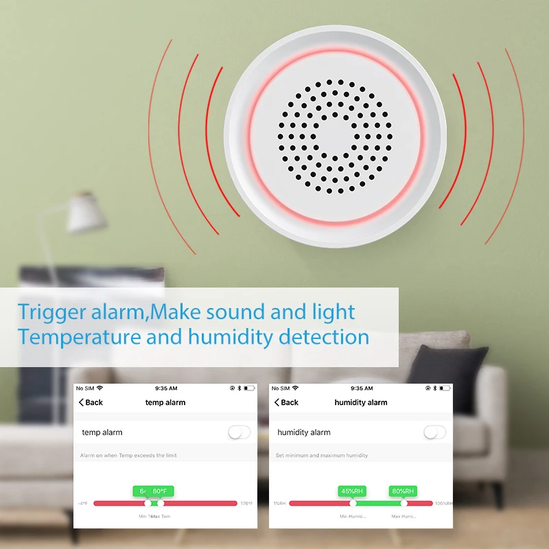 Sensor de Som e Umidade, Som e Iluminação Alerta, Som e Luz, Sirene, Controle Remoto, Aplicativo Móvel, Wi-Fi, 3 em 1, 100db