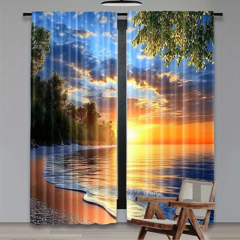 Decorative sunset ocean seascape curtains waterproof beach window drapery photo print for living room bedroom