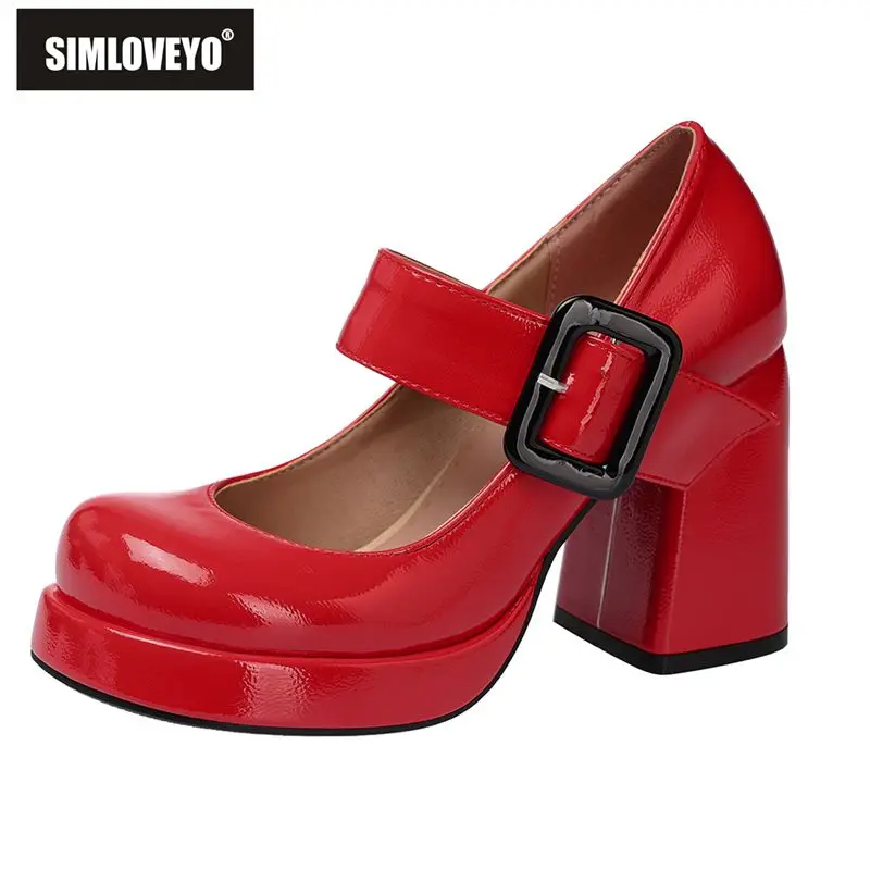 

SIMLOVEYO 2026 New Women Pumps Round Toe 9.5cm Chunky Heel Platform Buckle Strap 43 44 45 Sweet Dating Mary Janes Shoes Spring
