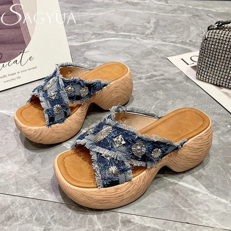 

Cowboy Women Platform Wedges Slippers Super High Heels Shoes Woman Square Toe Heeled Sandals 2025 Trend Summer Open Toe Pumps