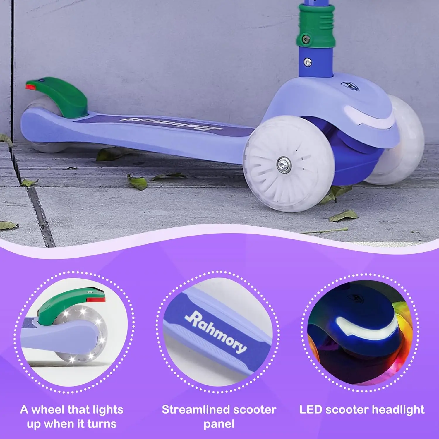 Mise à niveau du scooter lumineux à 3 roues pour enfants, lumières sur la tige et le pont, 20 modèles de lumière différents, trois hauteurs réglables, penché pour se diriger