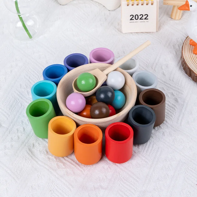 

New Puzzle Fun Ball and Cup Wooden Color Classification Toy Beads Color Matching Montessori Toys xl