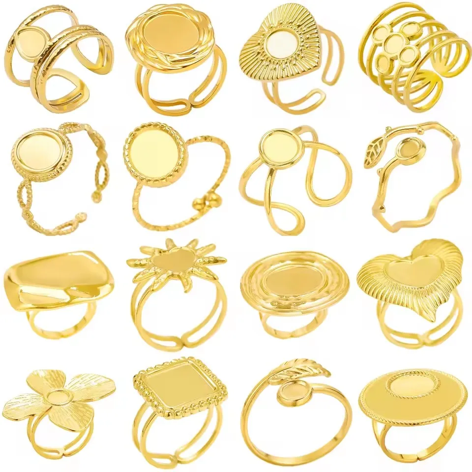 Chic 6pcs/lot Real Gold Plated Stainless Steel DIY Rings Open Adjustable Settings Base Rings for Women Jewelry Charms Never Fade