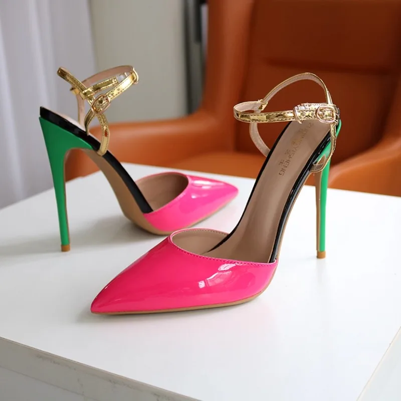 Candy colored color blocked one string high-heeled toe sandals with pointed French sizes, sweet princess banquet single shoes