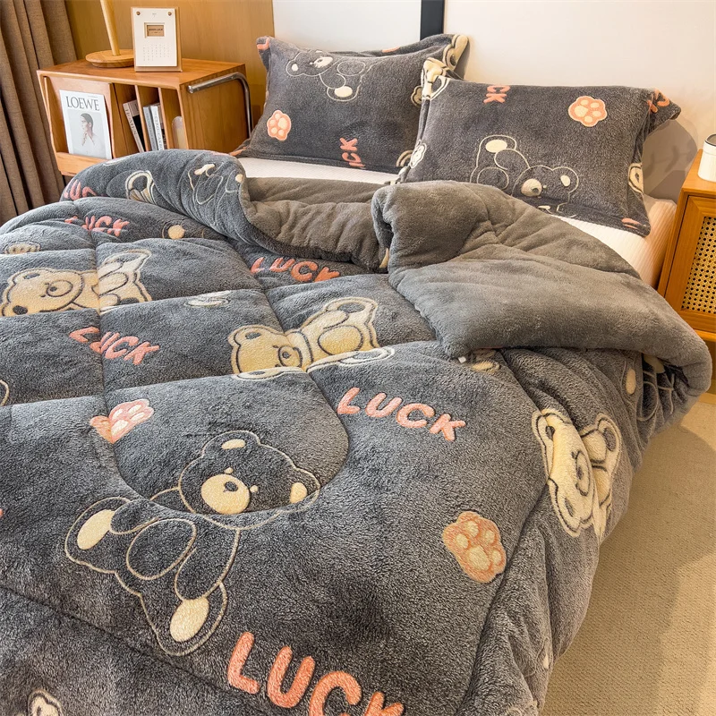 Cartoon Bear Super Thick Winter Quilt For Bed Soft Fluffy Warm Sherpa Fleece Comforter Double-sided Plush Weighted Warm Blanket