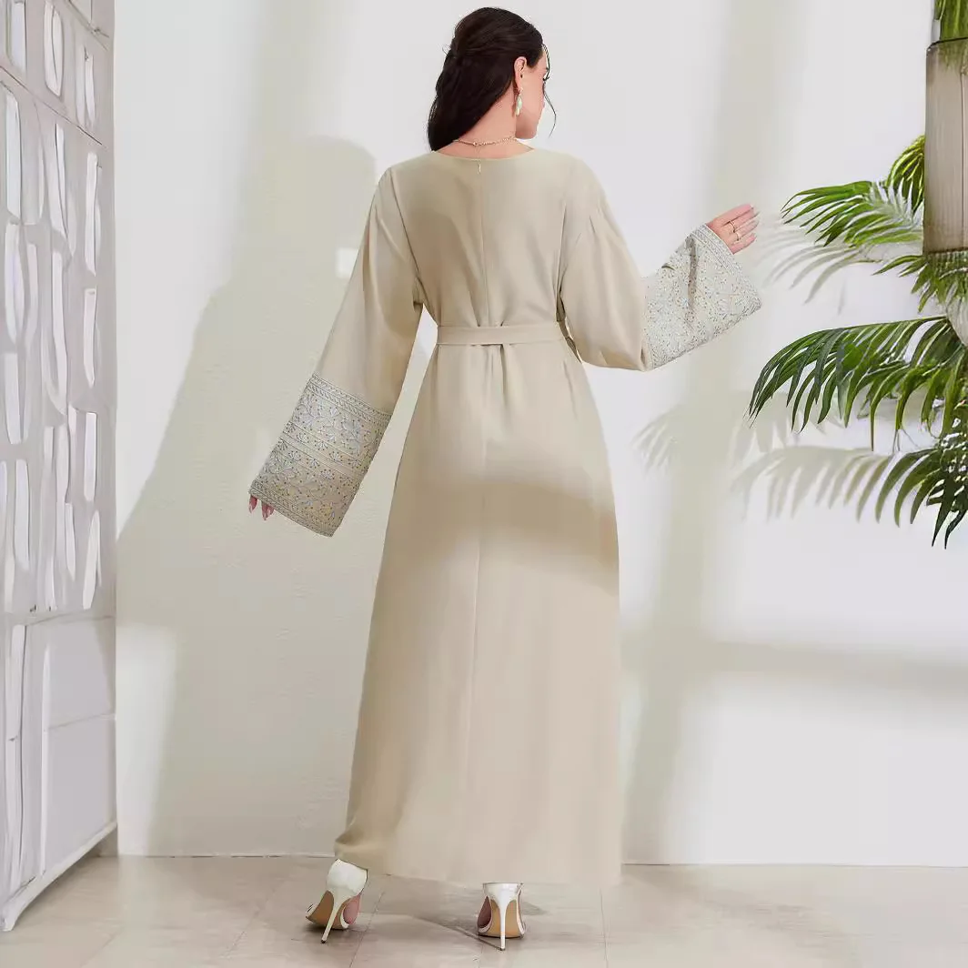 2025 Middle East Muslim New Fashion Women's Solid Color Elegant Casual Trendy Long Sleeve Sashes Ankle Length Dresses Female