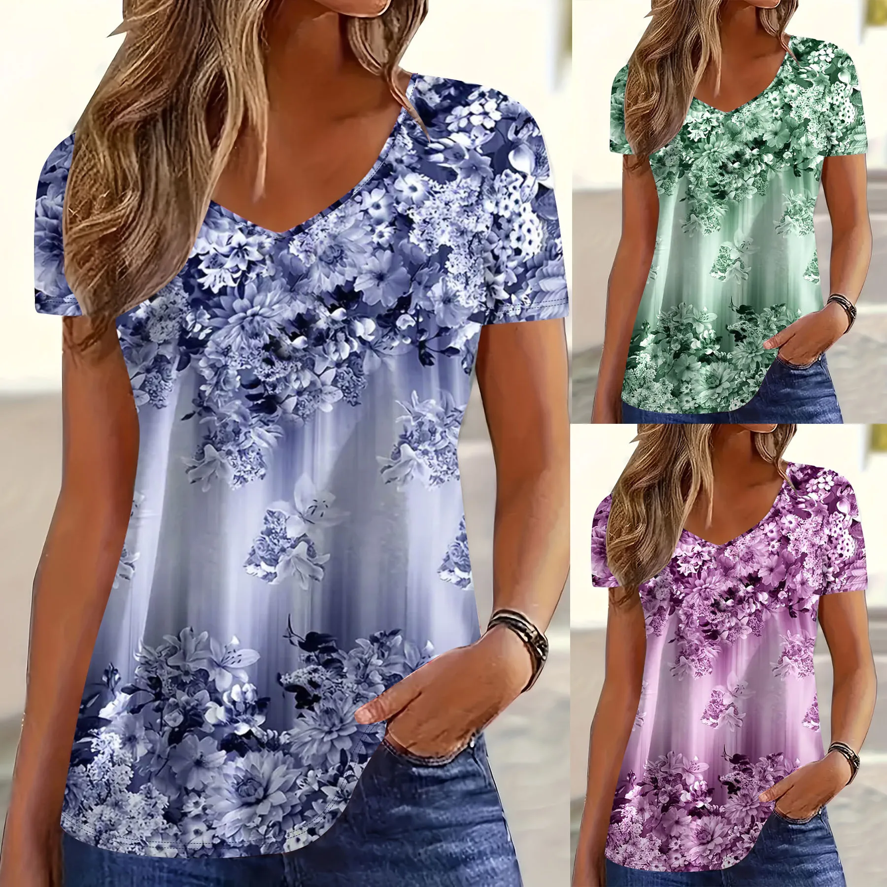 

2025 Women's Floral Print V-Neck T-Shirt Fashion Short Sleeve Casual Top Summer Casual Clothes Holiday Daily Wear Blouse Tops