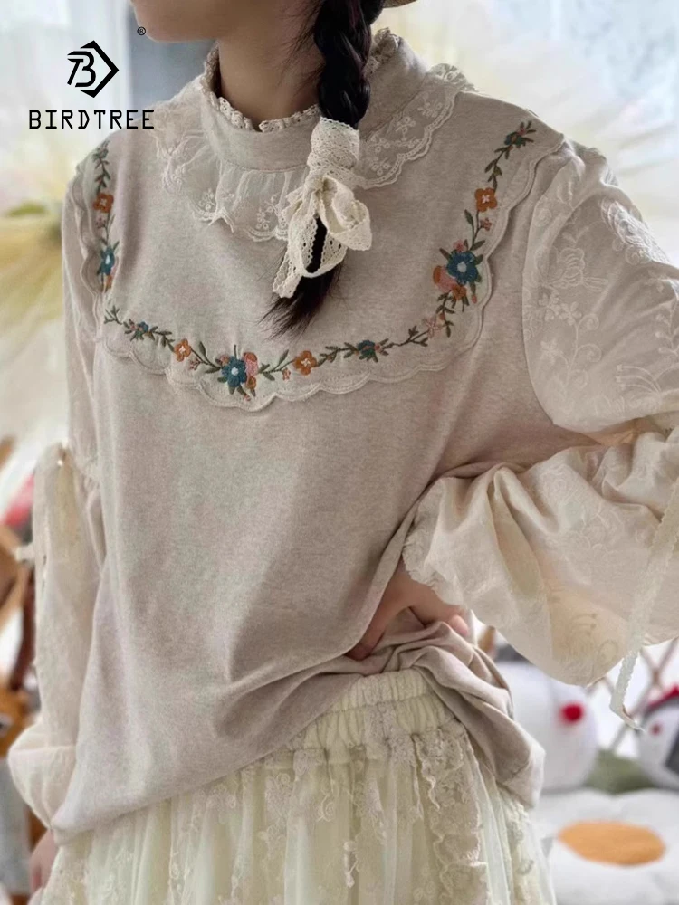

New Autumn Cotton Long Sleeve Shirt, Women Mock Neck Embroidery Lace Top, Mori Girl Sweet Ruffles Loose Blouse, Winter T4N944CC
