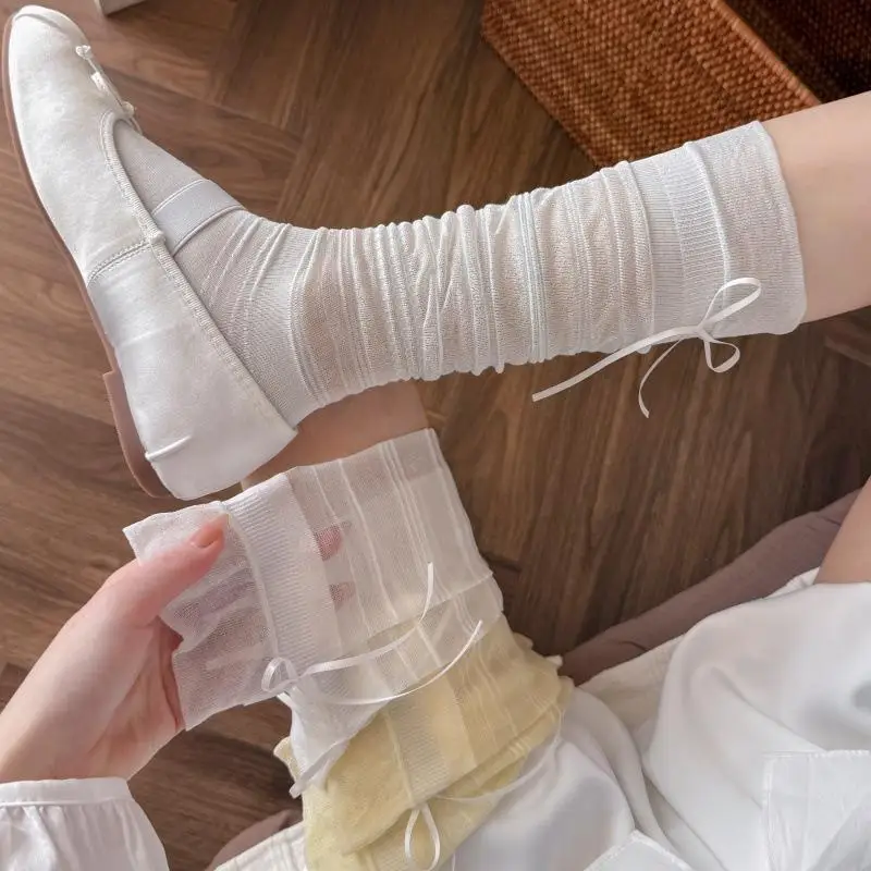 Damen-Overknee-Socken aus transparentem Netzstoff mit Schleife, perfekt für Balletcore-Mode – Detail 3