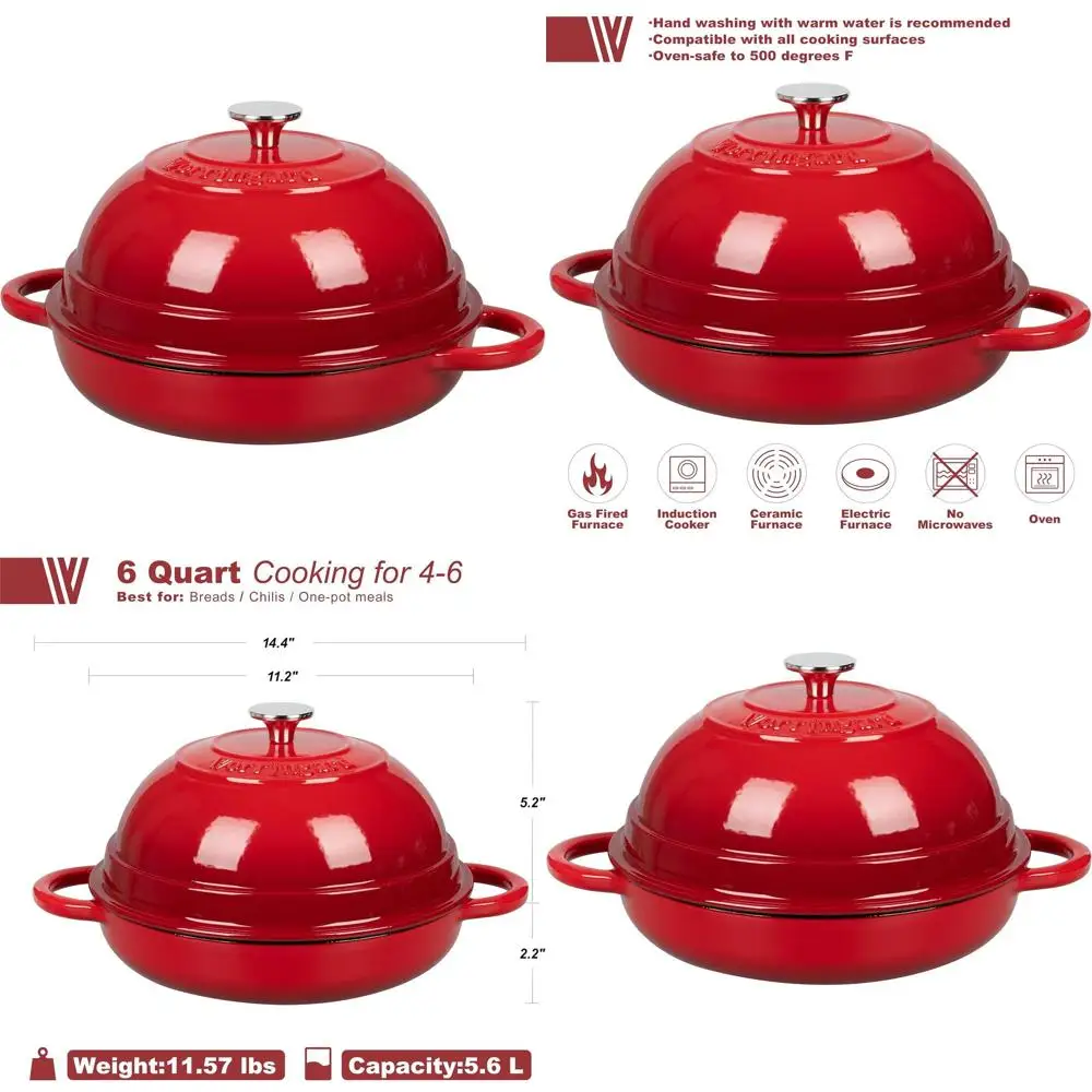 

Эмалированная чугунная жаровня с крышкой, 6-квартовая, красная, для выпечки хлеба