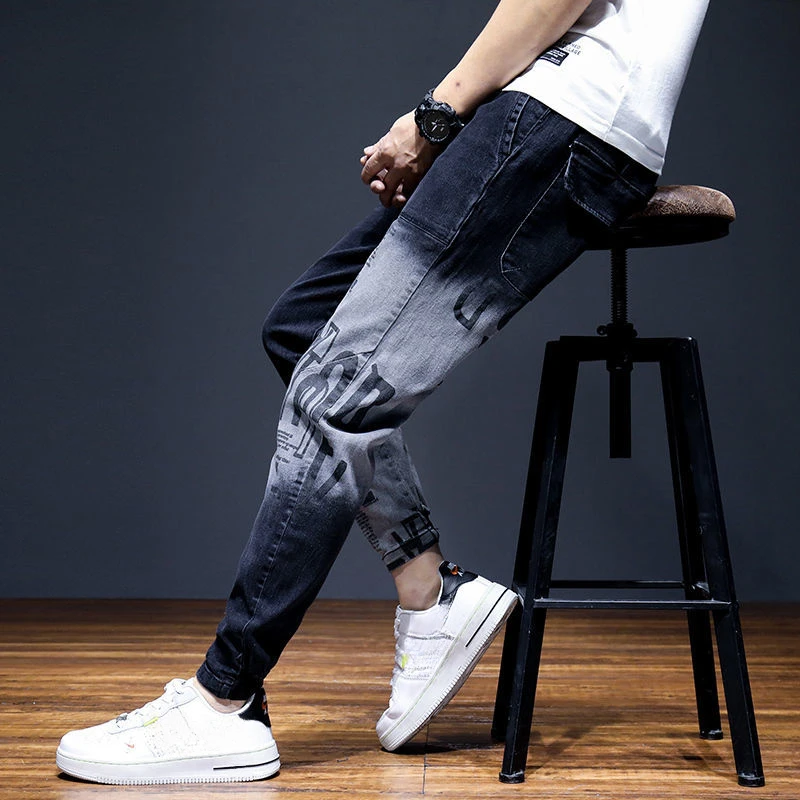 Men's Jeans With Print Tapered Male Cowboy Pants Spring Autumn Black Cropped Soft Trousers Stacked Youthful Emo Cheap Regular