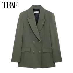 TRAF 2024 Office Blazer Women Double Breasted Jacket Women Outerwears Straight Long Blazer Woman Long Sleeve Women's Blazers