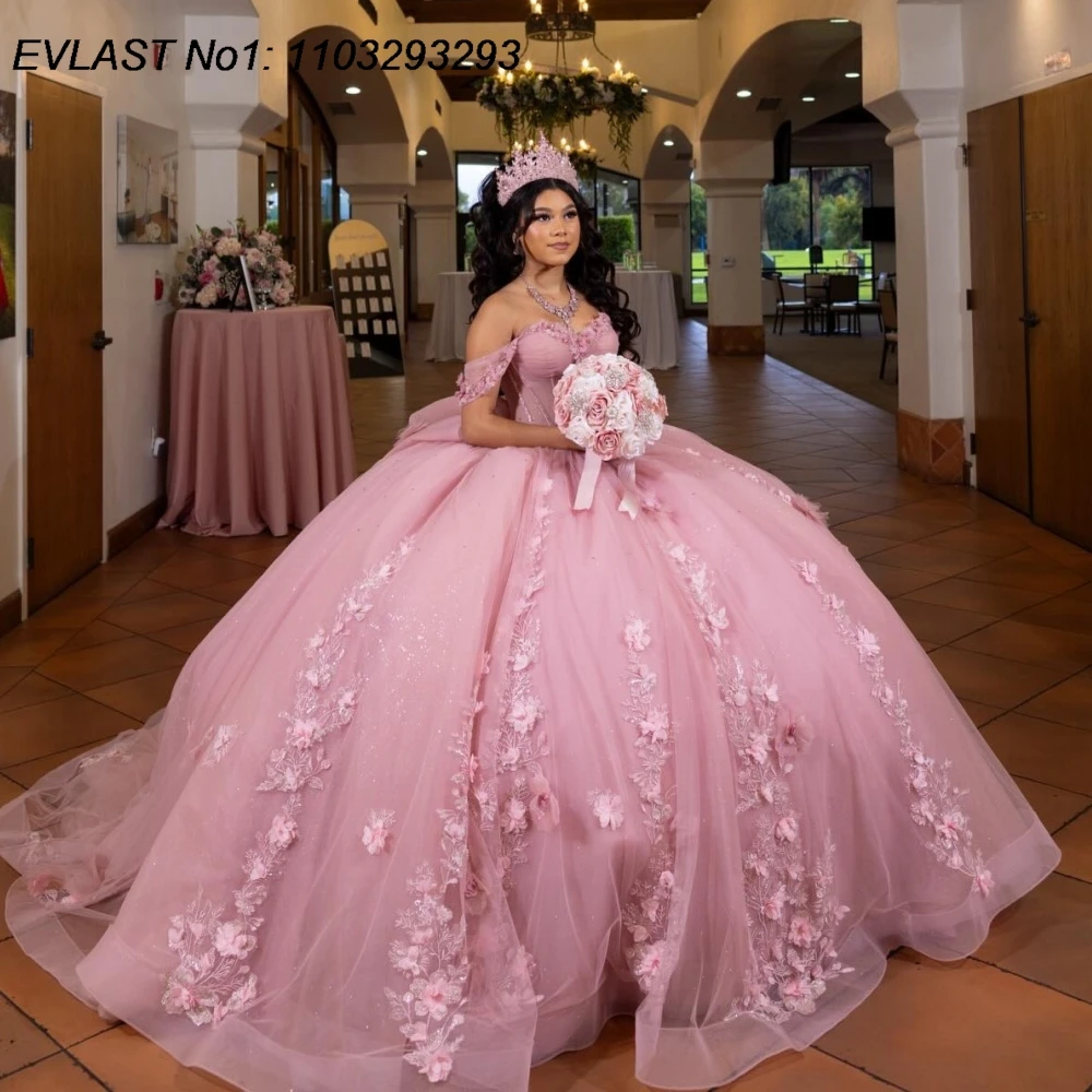 EVLAST Maßgeschneidertes glitzerndes rosa Quinceanera-Kleid, Ballkleid, Blumenapplikation, Kristallperlen, Sweet 16, Vestidos de 15 Anos E1QN822
