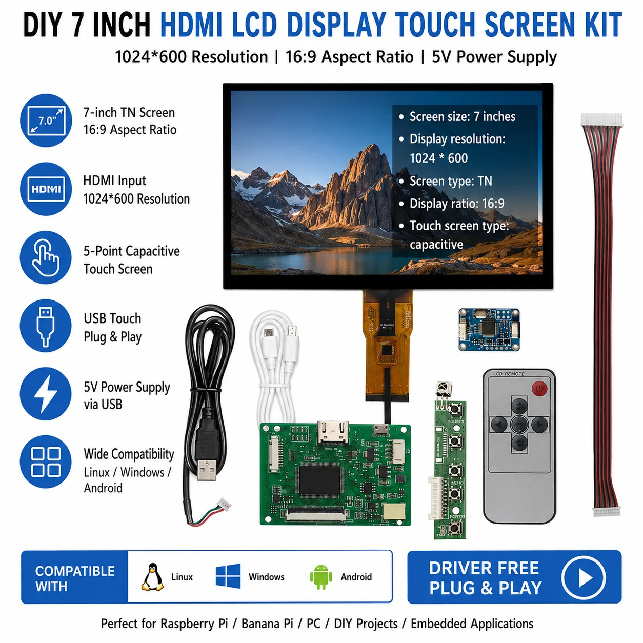 

7 Inch HD Screen LCD Display VGA/AV/HDMI-Compatible Driver Board touch Monito For Raspberry Pi Banana/Orange Pi PC Mini Computer