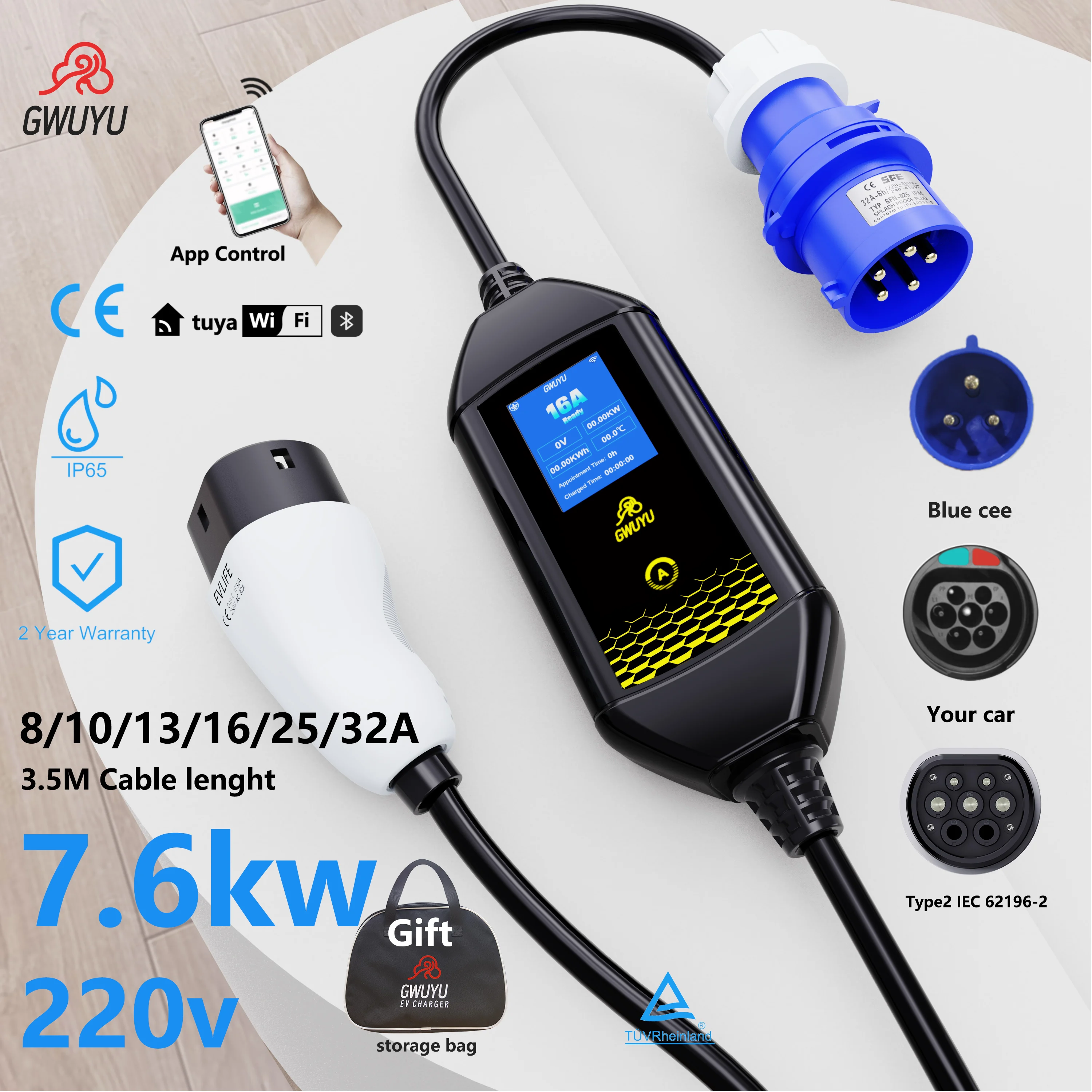 

GWUYU Portable EV Charger Type2 Cable 32A 7KW Portable EV Charging Box IP65 With App and Bag for EU Electric Vehicle Car Charger
