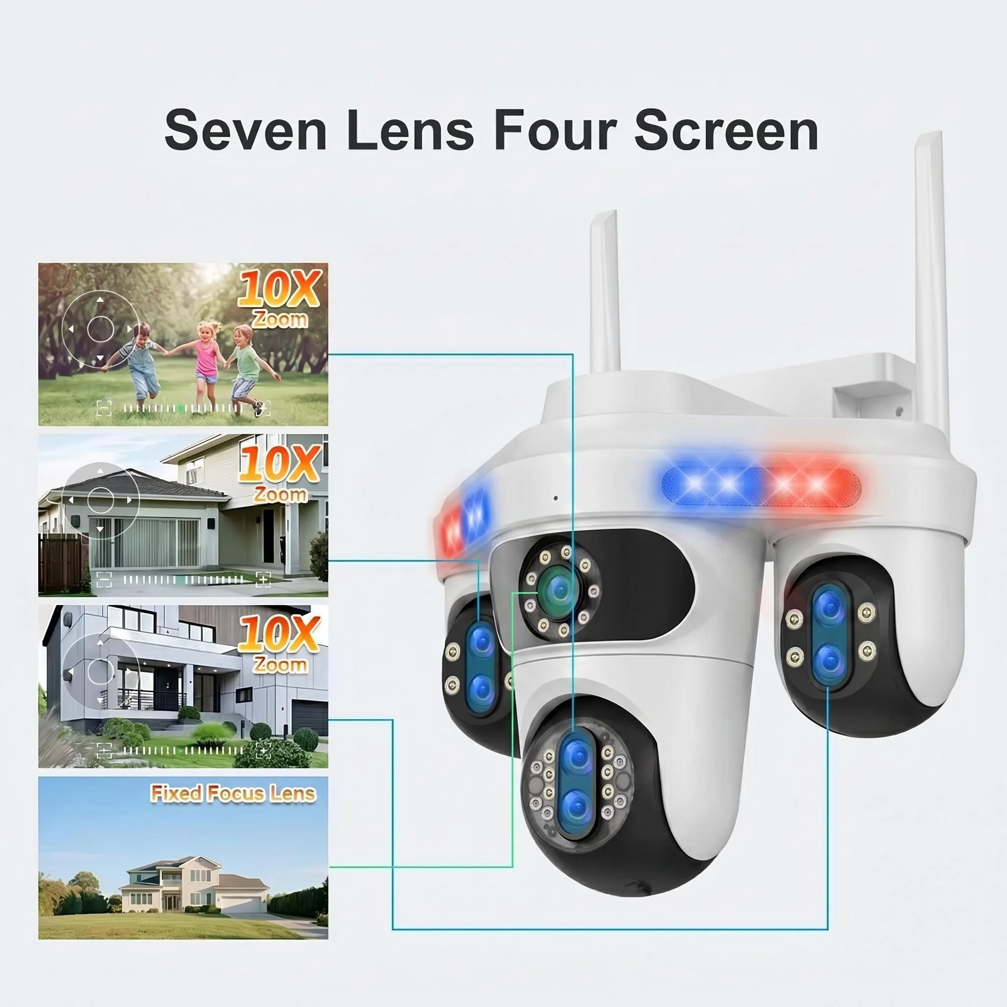 35MP Multi-Lens PTZ Security Three Individual Rotating Lens 10X Zoom All-Round Monitor Auto Tracking Audio Outdoor WiFi IPCamera
