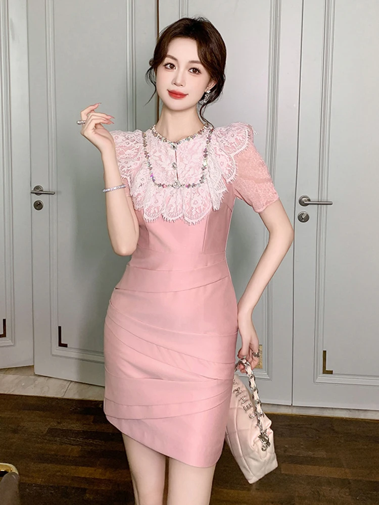 

New Summer Sweet Elegant Luxury O-Neck Pencil Dress Women Mujer Chic Lace Puff Sleeve Slim Party Birthday Vestido Street Clothes