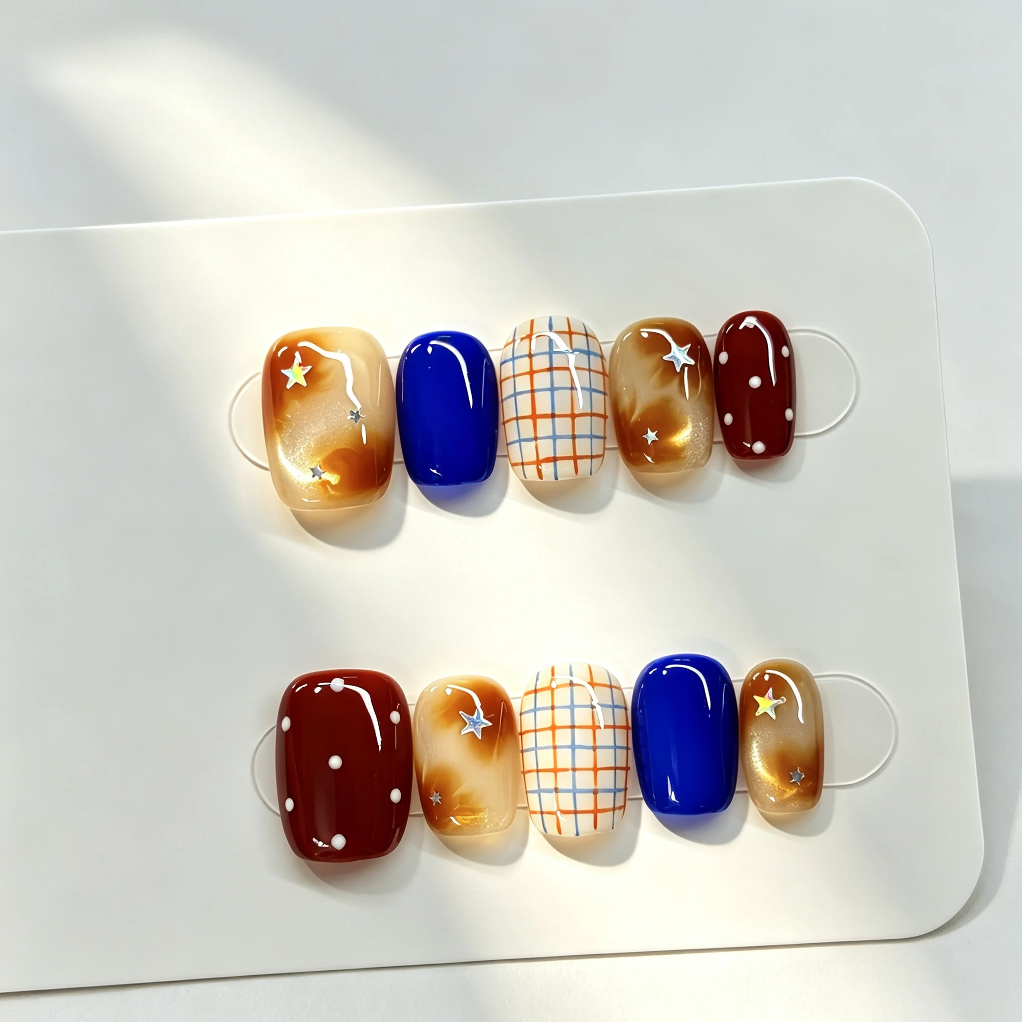 10pcs Blue Coffee Brown Handmade Press on Nails Plaid Polka Dot Star Glitter Fake Nail Retro Square False Nail for Women&Girl