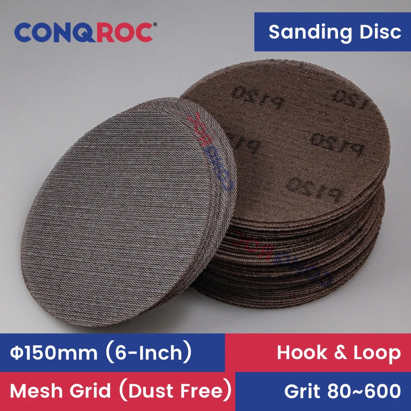 Dust Free Sanding Discs 150mm 6-Inch Mesh Grid Dry Sanding Papers Hook and Loop 50-Piece Grit-80~600