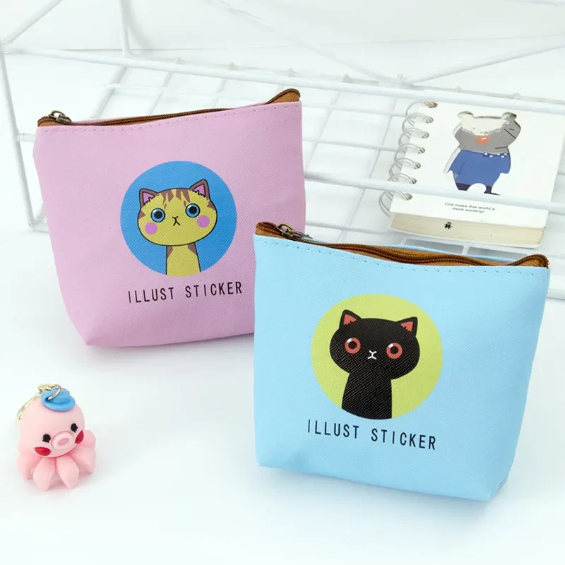 PU Leather Cute Cartoon Cat Coin Bags Zipper Coin Purse Coin Pouch Data Cable Earphones Bag ID Credit Card Bags Kids Cute Wallet