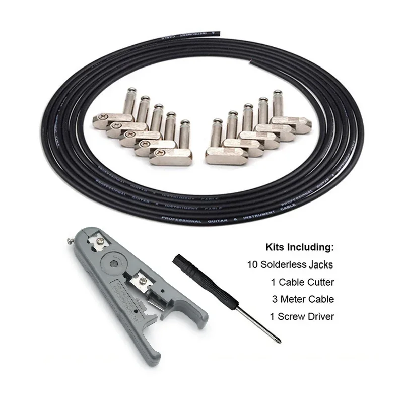 DIY Guitar Pedal Patch Cable Solder-free Pedal Board Copper Cable Kit 10ft 10 Strait Audio 6.35 Jacks for Guitar Pedal