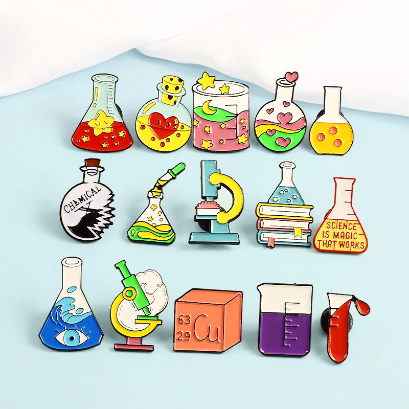 Creative Scientific Experiment Brooches Beaker Test Tube Bottle Chemical Microscope Love Badge Brooch Bag Lapel Jewelry Gifts