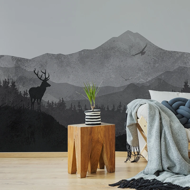 

Large Grey Forest Wall Mural Seamless Self-Adhesive Waterproof Fabric Wall Stickers Wear-resisting Deers Decals for Home Decor