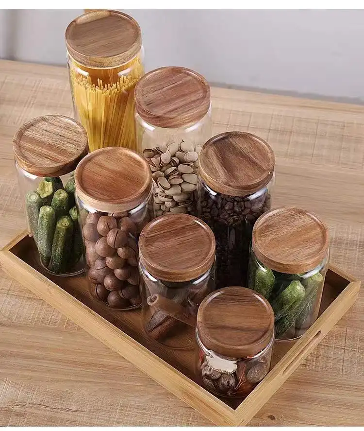 1 PC Acacia wood lid glass jar sealed kitchen jar kitchen storage bottle jar sealed food container tea, coffee beans, grains,