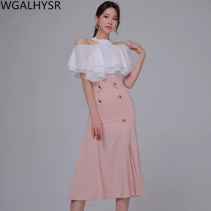 

New Two-Piece Summer 2024 Korean Version Off-The-Shoulder Flounces Chiffon Top + Double-Breasted Midi Skirt Casual Suit