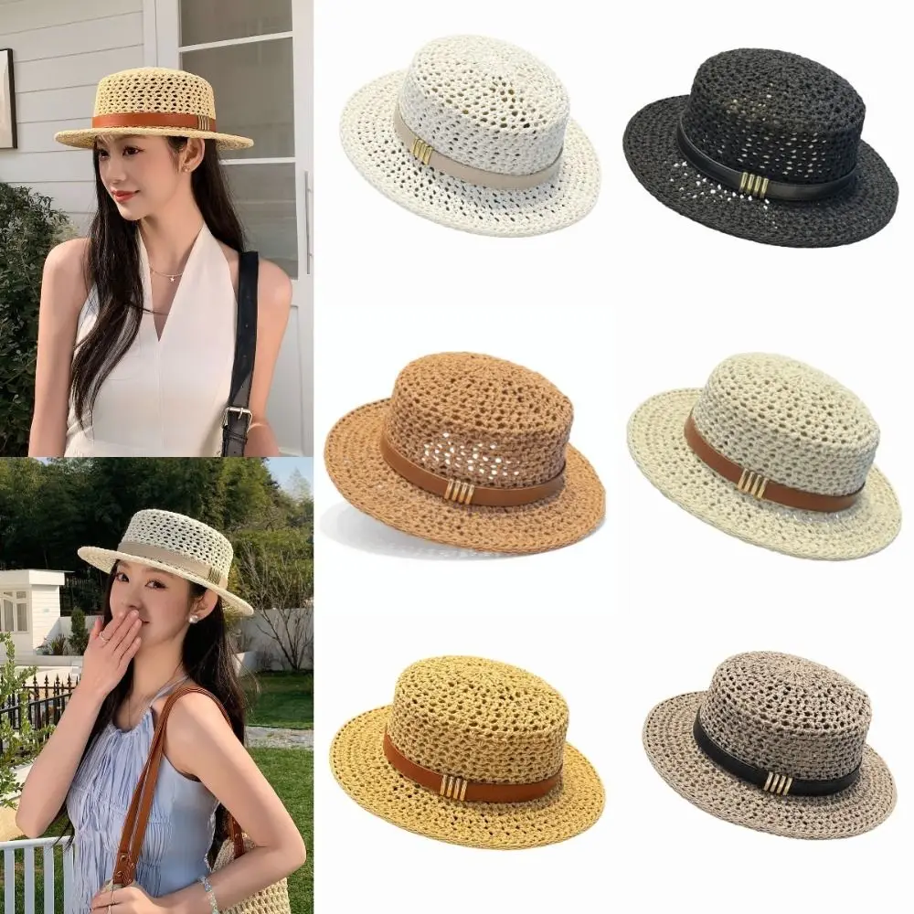 Vintage Style Sunshade Straw Hat Wide Brim Lightweight Flat Top Straw Hat Adjustable Exquisite Craftsmanship